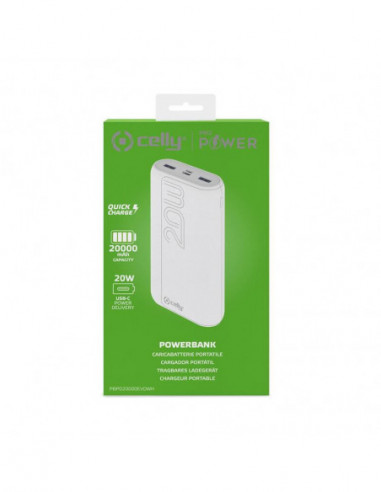 Power Bank Celly 20000mAh PD 22W, Branco Power Bank Celly 20000mAh PD 22W, Branco
