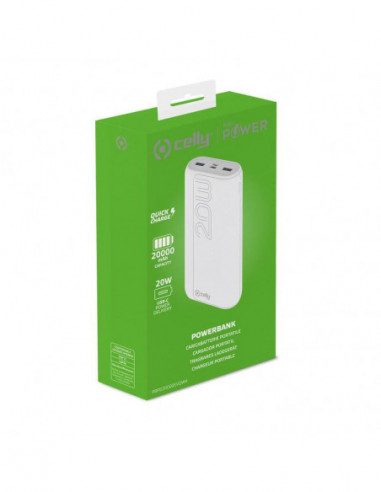 Power Bank Celly 20000mAh PD 22W, Branco Power Bank Celly 20000mAh PD 22W, Branco