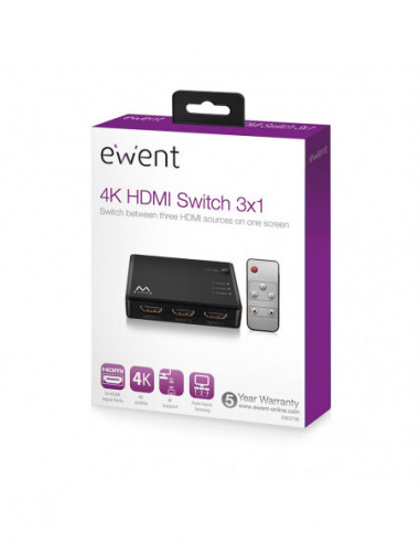 Comutador EWENT EW3730 HDMI 4K: 3...